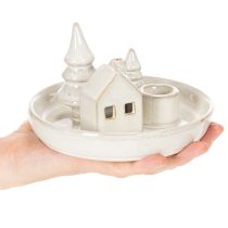 Article Bougeoir décoratif en céramique avec maison et arbres, 16 cm