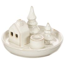 Article Bougeoir décoratif en céramique avec maison et arbres, 16 cm