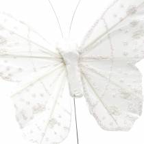 Papillon plume sur fil blanc avec paillettes 10cm 12pcs