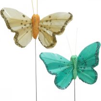 Papillon à paillettes, bouchons déco, plume papillon printemps jaune, turquoise, vert 4×6.5cm 24pcs