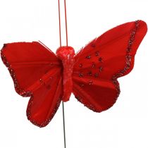 Printemps, papillons en plumes avec mica, papillon déco rouge, orange, rose, violet 4×6,5cm 24pcs
