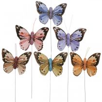 Papillons en plumes, papillons décoratifs sur un bâton, bouchons de fleurs rose, orange, violet, marron, bleu, beige 6×8cm 12pcs