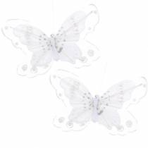 Papillon plume sur clip blanc 10cm 12 p