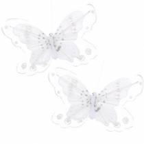 Article Papillon plume sur clip blanc 10cm 12 p