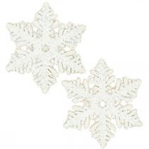 Article Flocons de neige en bois 4cm blanc avec mica 72 pcs