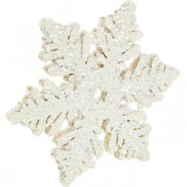 Article Flocons de neige en bois 4cm blanc avec mica 72 pcs