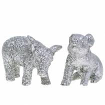 Cochon décoratif décoration Nouvel An paillettes argent 3.5cm 2pcs