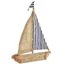 Article Voilier bateau décoratif avec voile bleue et blanche et jute H42cm