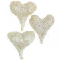 Coeurs en sisal, Saint Valentin, Fête des Mères, coeurs décoratifs blanchis, blanc crème H7,5–9cm 16 pcs