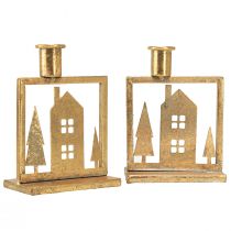 Article Bougeoir bâton Maison de Noël aspect or antique 10×6×14cm 2pcs