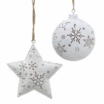 Cintre décoratif étoile et boule de sapin de Noël avec flocons de neige métal blanc Ø9,5 / 7,6cm H10 / 9,2cm 4pcs