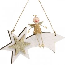 Article Ange sur étoile filante, Décoration de Noël à accrocher, Blanc de l&#39;Avent, Doré H13cm L21.5cm 2pcs