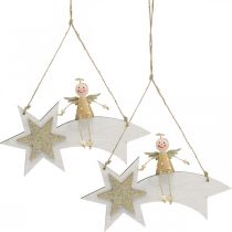 Article Ange sur étoile filante, Décoration de Noël à accrocher, Blanc de l&#39;Avent, Doré H13cm L21.5cm 2pcs