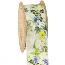 Article Ruban en tissu avec fleurs ruban décoratif vert bleu jaune 40mm 15m