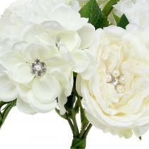 Bouquet décoratif blanc avec perles et strass 29 cm