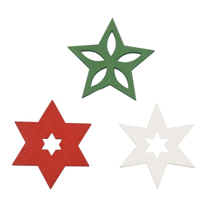 Article Décoration de Noël étoiles en bois rouge/blanc/vert Ø3,5cm 72 pcs