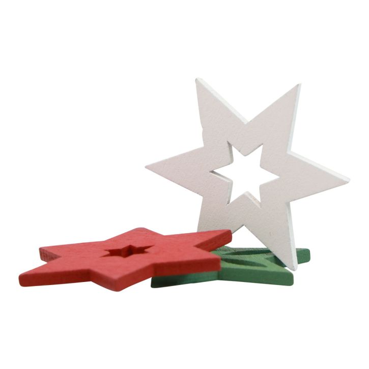 Décoration de Noël étoiles en bois rouge/blanc/vert Ø3,5cm 72pcs