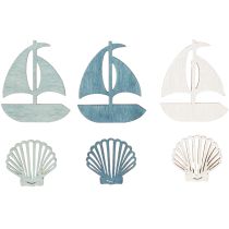 Article Déco en bois Coquillage, bateau Bleu et blanc, 2,5/4cm, 72p