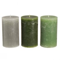 Article Bougies piliers uni 3 couleurs vert 70×120mm 12 pcs