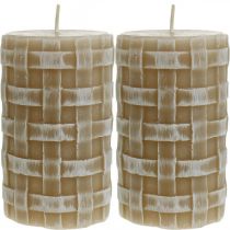 Article Bougies piliers brunes à motif tressé rustique, 110 x 65 mm, Safe Candle, lot de 2