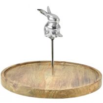 Plateau en bois lapin naturel décoratif métal argenté Ø27,5cm H21cm