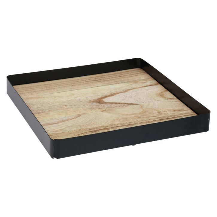 Plateau décoratif métal bois carré noir naturel 25,5×25,5×4cm