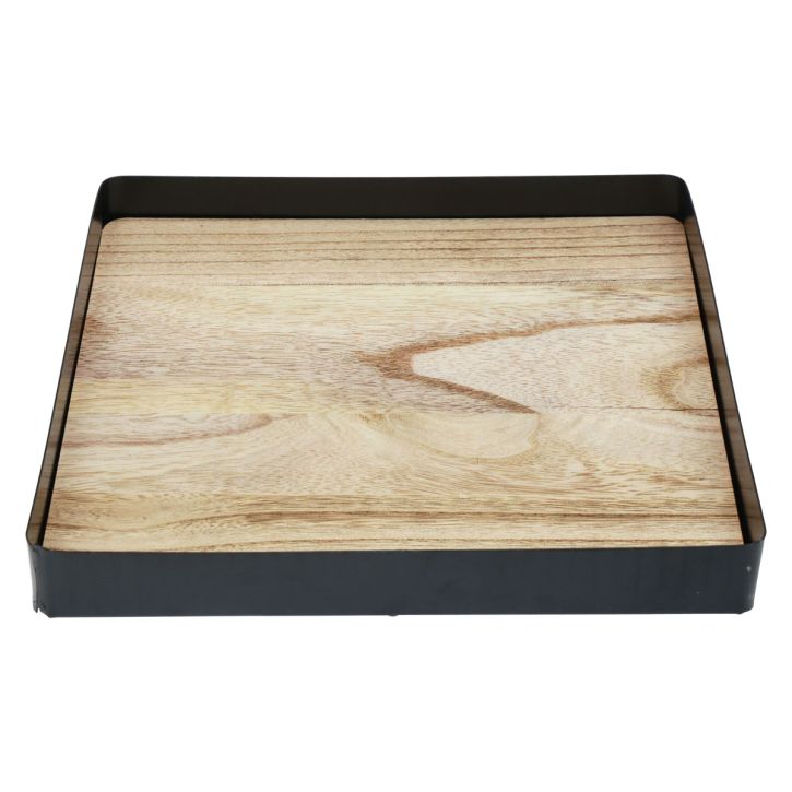 Plateau décoratif métal bois carré noir naturel 25,5×25,5×4cm