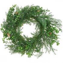 Couronne décorative avec branches de conifères, cônes et buis vert 60cm