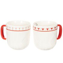 Article Mug à café avec anse rouge, motif tricoté et décoration en forme de cœur, en céramique, 9 cm, lot de 2