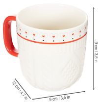 Article Mug à café avec anse rouge, motif tricoté et décoration en forme de cœur, en céramique, 9 cm, lot de 2