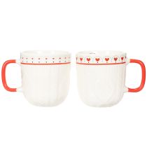 Article Mug à café avec anse rouge, motif tricoté et décoration en forme de cœur, en céramique, 9 cm, lot de 2
