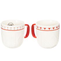 Article Mug à café avec anse rouge, motif tricoté et décoration en forme de cœur, en céramique, 9 cm, lot de 2