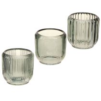 Article Photophore en verre décor rainures grises 8cm 6 pcs
