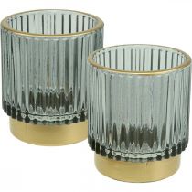 Lanterne verre nervuré photophore or/gris H8cm 2pcs
