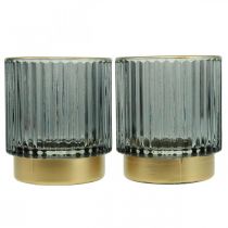 Lanterne verre nervuré photophore or/gris H8cm 2pcs