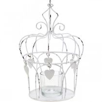 Photophore couronne avec coeurs shabby chic blanc Ø14cm H22cm