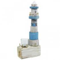 Phare en bois avec photophore en verre décor maritime bleu, blanc H38cm