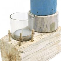 Phare en bois avec photophore en verre décor maritime bleu, blanc H38cm