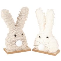 Article Lapin de Pâques décoratif en peluche – décoration de Pâques moelleuse en beige et blanc sur socle en bois H18cm 2 pcs
