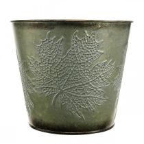 Article Seau déco à décor de feuilles, pot d'automne, décoration métal vert Ø17cm H14.5cm