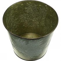 Seau déco à décor de feuilles, pot d&#39;automne, décoration métal vert Ø17cm H14.5cm