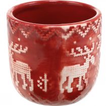 Décoration en céramique avec renne, décoration de l&#39;Avent, jardinière avec motif norvégien rouge / blanc Ø7.5cm H7cm 6pcs
