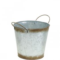 Article Jardinière en métal, coupe à fleurs, cache-pot avec anses argent, patine Ø18cm H20cm