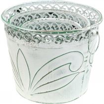 Article Pot en étain avec gaufrage, jardinière avec poignées blanc, vert shabby chic H22/19,5/17,5cm Ø25,5/20,5/15,5cm lot de 3