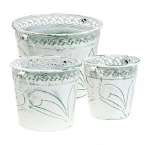 Article Pot en étain avec gaufrage, jardinière avec poignées blanc, vert shabby chic H22/19,5/17,5cm Ø25,5/20,5/15,5cm lot de 3