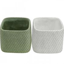 Article Jardinière en céramique maille relief vert blanc 12,5x12,5cm H9cm 2pcs