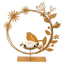 Article Porte-bougie chauffe-plat décoratif en forme d'oiseau et de fleur, aspect rouille, 24 × 27 × 6 cm