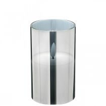Bougie LED festive dans un verre argenté, cire véritable, blanc chaud, minuterie, à piles Ø7.3cm H12.5cm