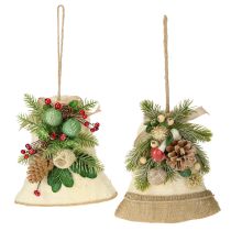 Article Décoration murale cloche de Noël rustique en jute avec pommes de pin et branches de sapin, 20 cm