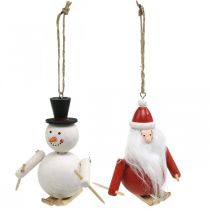 Article Figurines suspendues en bois Père Noël et Bonhomme de neige 11 cm - Lot de 2